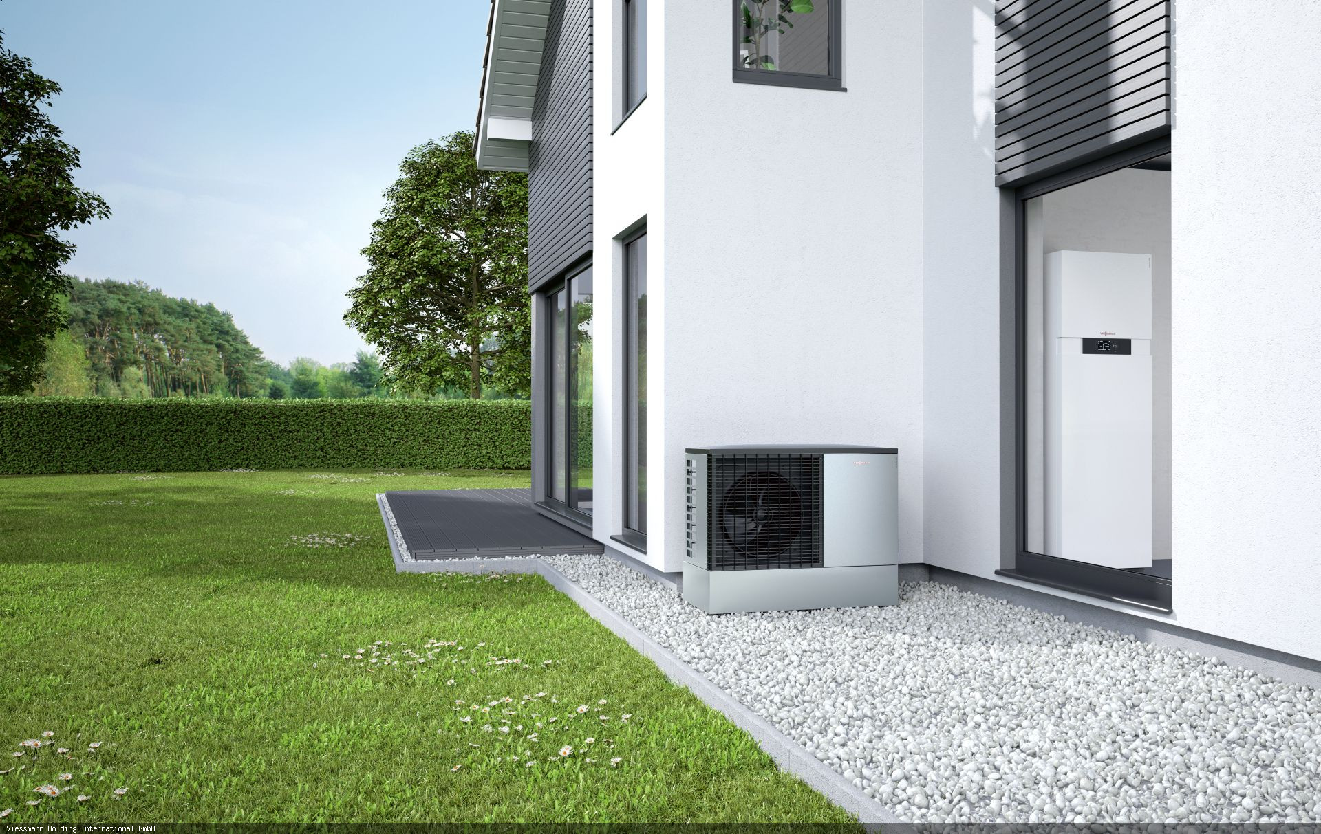 Beispielgrafik eines weiteren Modells einer Viessmann-Wärmepumpe vor einem Wohnhaus