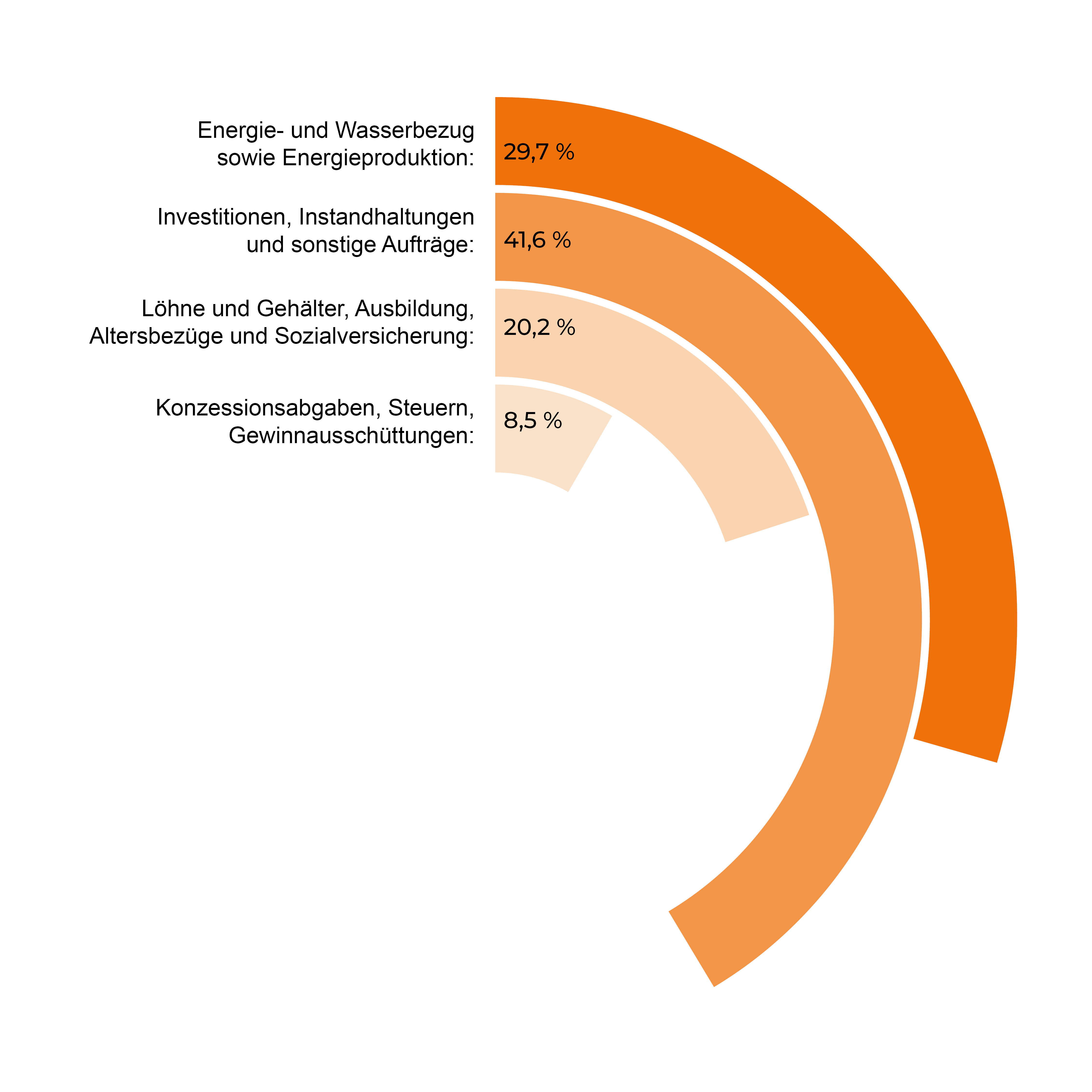 Die Grafik zeigt ein ringförmiges Diagramm mit vier konzentrischen Kreisbögen in unterschiedlichen Orange- und Beigetönen auf einem hellgrauen Hintergrund. Die Länge der Bögen visualisiert die prozentuale Verteilung der regionalen Wertschöpfung auf verschiedene Ausgabenkategorien.

Dargestellt sind folgende Bereiche:

Investitionen, Instandhaltungen und sonstige Aufträge: 41,6 %
Energie- und Wasserbezug sowie Energieproduktion: 29,7 %
Löhne und Gehälter, Ausbildung, Altersbezüge und Sozialversicherung: 20,2 %
Konzessionsabgaben, Steuern, Gewinnausschüttungen: 8,5 %

Der längste Kreisbogen repräsentiert die Kategorie „Investitionen, Instandhaltungen und sonstige Aufträge“ und macht mit 41,6 Prozent den größten Anteil aus. Es folgt der Bereich „Energie- und Wasserbezug sowie Energieproduktion“ mit 29,7 Prozent. Der Anteil für Löhne und Gehälter einschließlich Ausbildung, Altersbezügen und Sozialversicherung beträgt 20,2 Prozent. Den kleinsten Anteil bilden Konzessionsabgaben, Steuern und Gewinnausschüttungen 